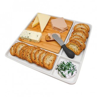 Servierplatte Porzellan mit Holzeinsatz 29x29cm